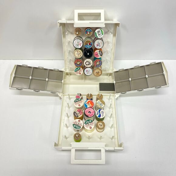 Vintage Folding Threads‎ & Notions Caddy Portable Sewing Box + 28 Thread Spools - Picture 1 of 9